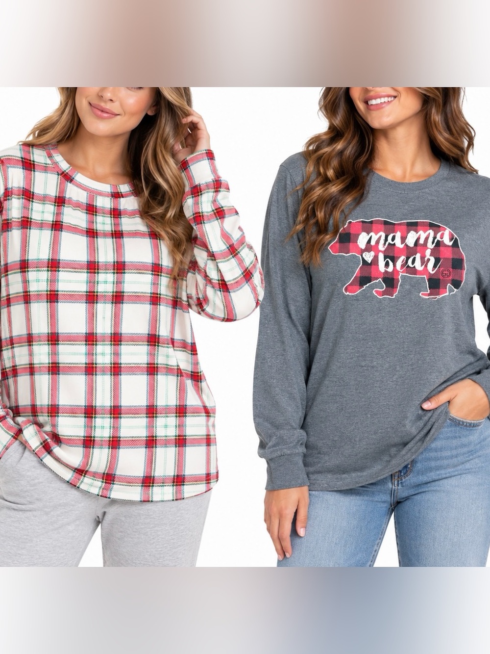 Auden Plaid Sleep Top L & Gildan Mama Bear Long Sleeve Shirt Bundle 2pc